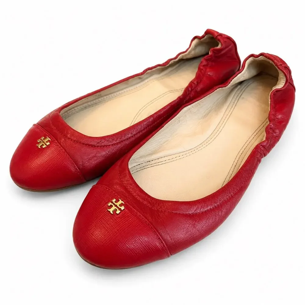 Tory Burch York Cap Toe Poppy Red Leather Ballet Flats Gold Logo Size 7.5